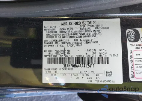 2010 Ford Fusion Se from USA, damaged, VIN 3FAHP0HA4AR412411